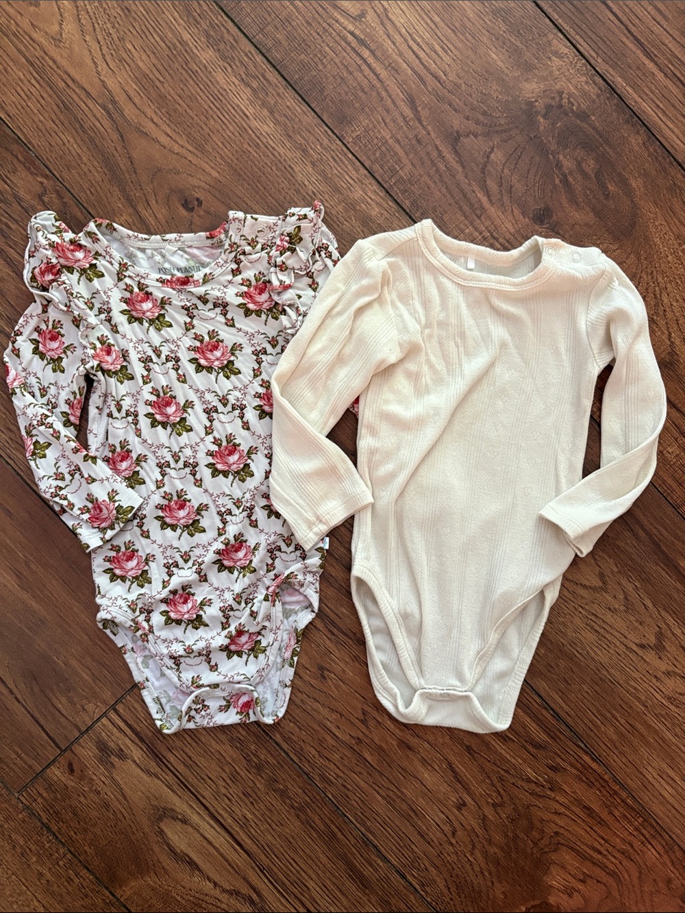 Posh Peanut Floral Pink & Cream Long-Sleeve One-Piece Bodysuits 18-24 Months